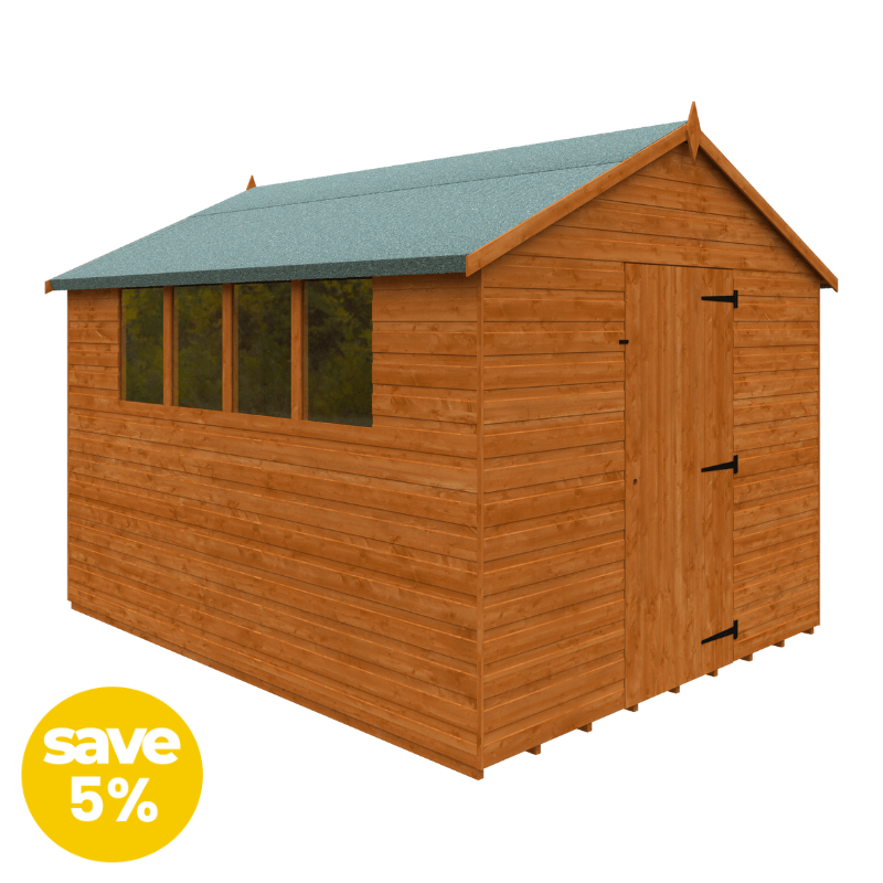 Wooden shed with a green roof on a white background, featuring a 'save 5%' label.