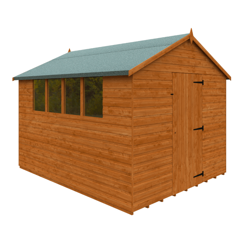 Wooden shed with a green roof on a white background