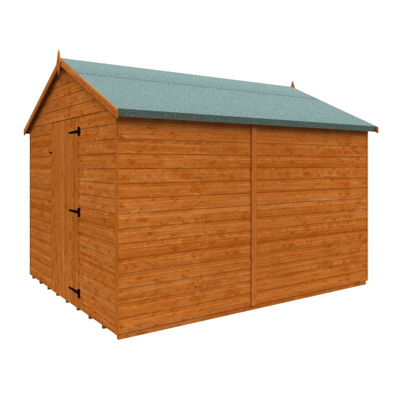 Wooden shed with a green roof on a white background