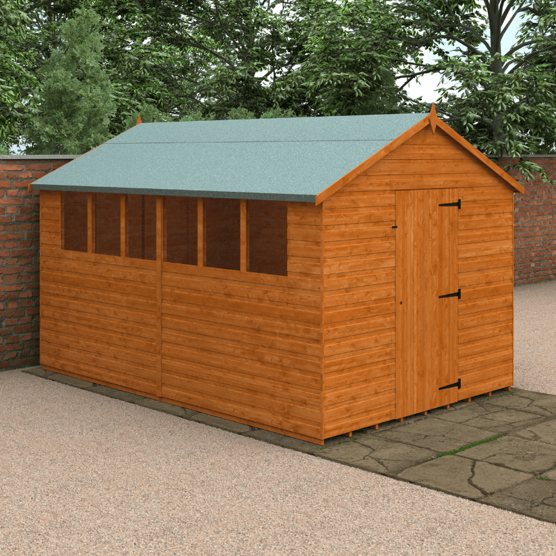 Wooden shed with a green roof in an outdoor setting