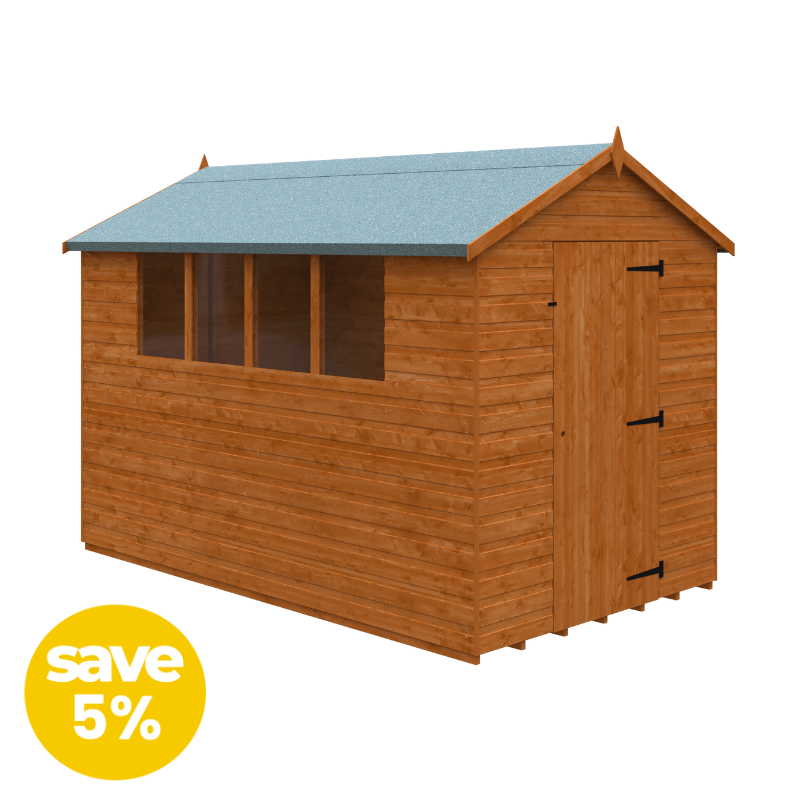 Wooden shed with a blue roof on a white background, featuring a 'save 5%' label.