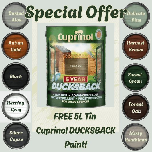 Cuprinol Ducksback paint can with color swatches and special offer text on a light gray background