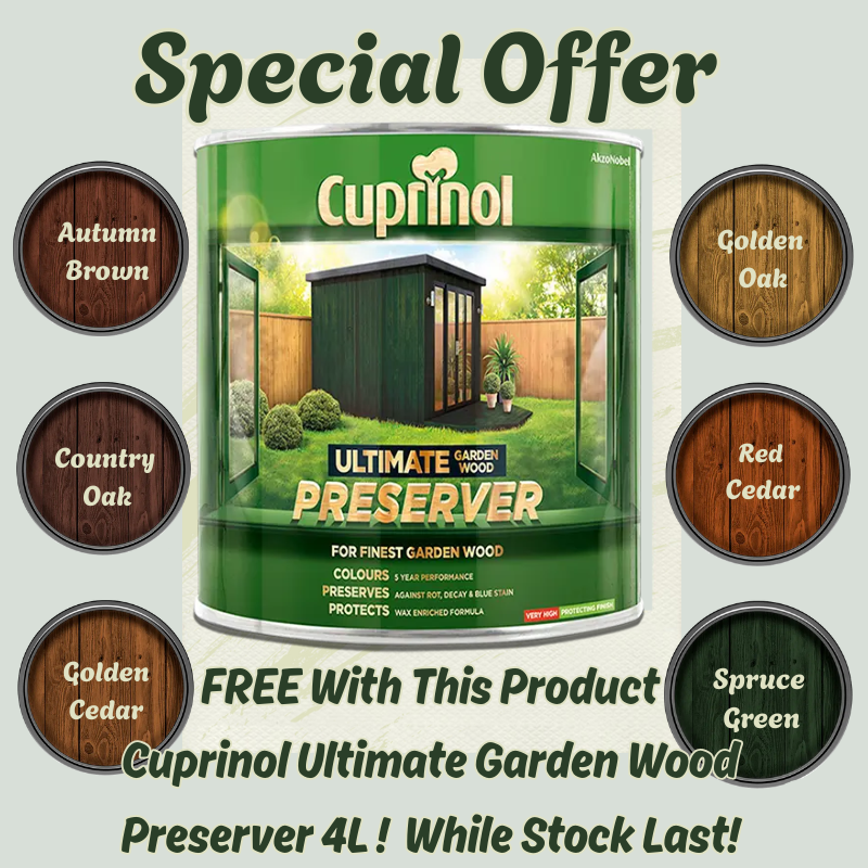 Cuprinol Ultimate Garden Wood Preserver can with color swatches and special offer text on a light green background