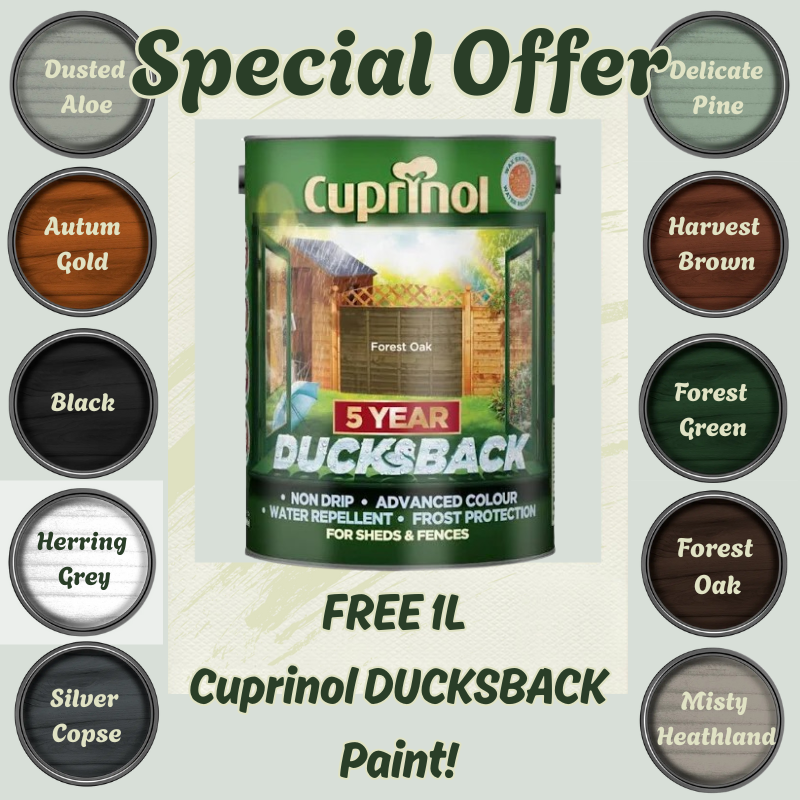 Cuprinol Ducksback paint can with color swatches on a light gray background
