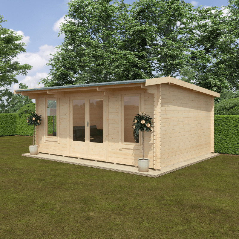 Wooden cabin in a garden setting with trees and greenery