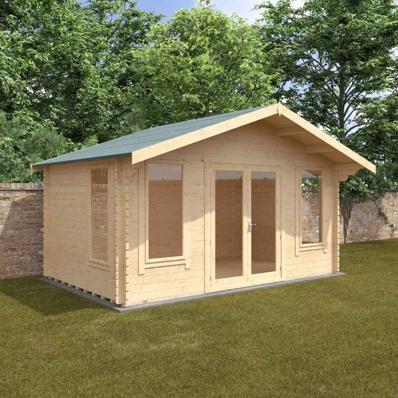 Wooden cabin with a green roof in a garden setting