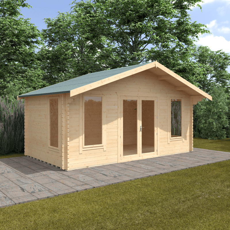 Wooden cabin with a green roof in a garden setting