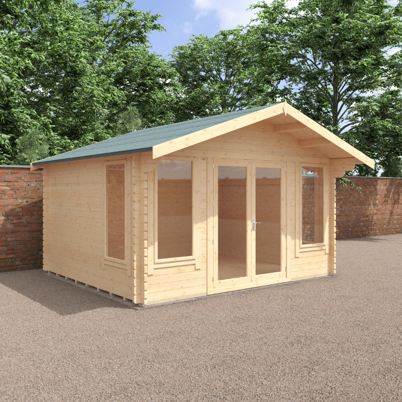 Wooden cabin with a green roof in a garden setting