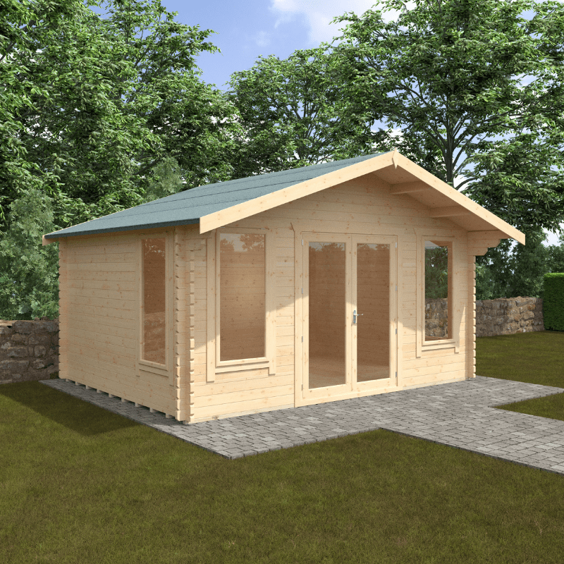 Wooden cabin with a green roof in a garden setting