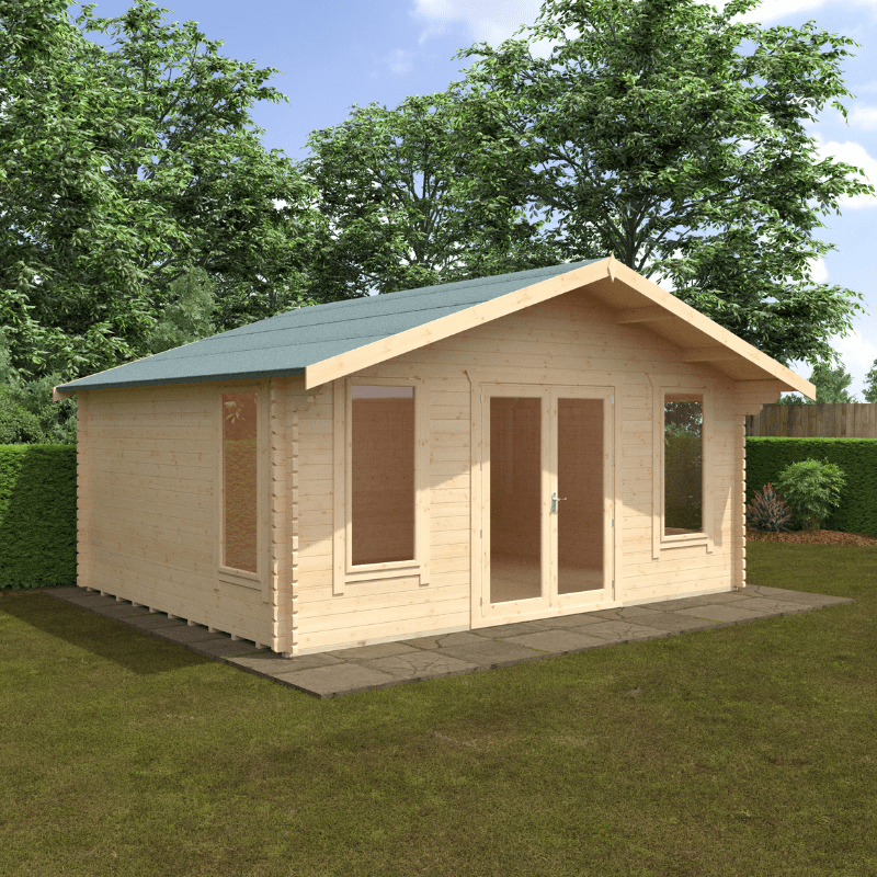 Wooden cabin with green roof in a garden setting
