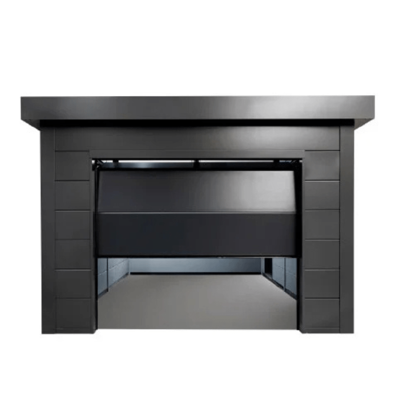 Modern black fireplace with reflective surface on a white background