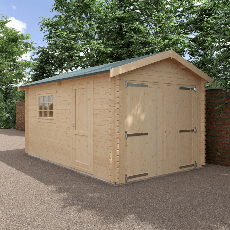 Wooden garage with a green roof in a garden setting