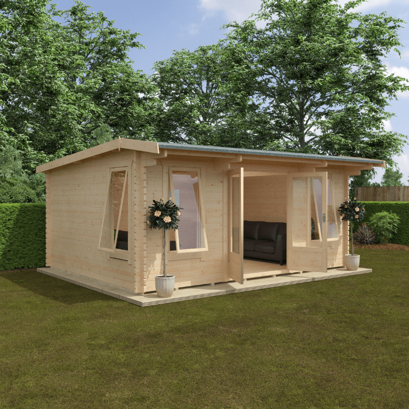 Wooden cabin in a garden with trees and a clear sky