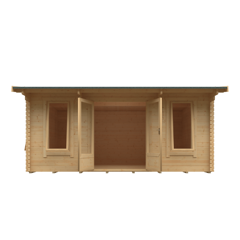 Wooden cabin with two windows and a door on a white background