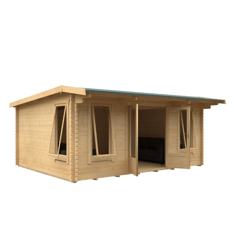 Wooden cabin with a slanted roof on a white background