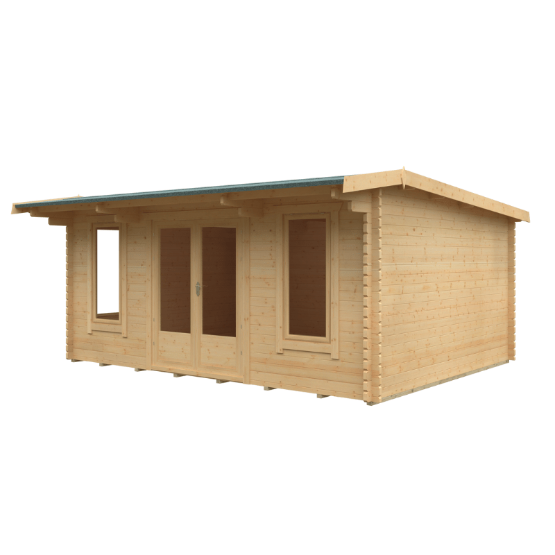 Wooden cabin with a flat roof on a white background