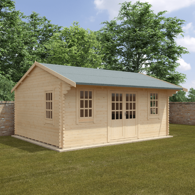 Wooden cabin with a green roof in a garden setting with trees and a clear sky.