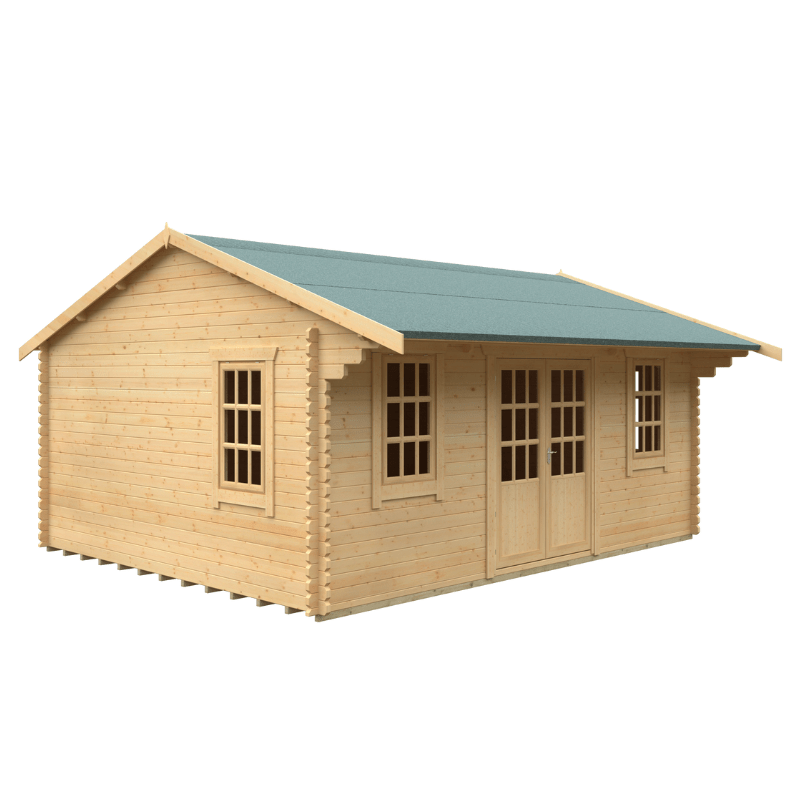 Wooden cabin with a green roof on a white background