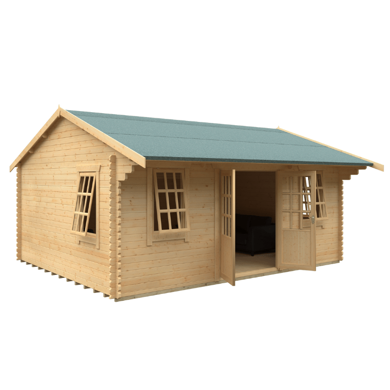 Wooden cabin with a green roof on a white background