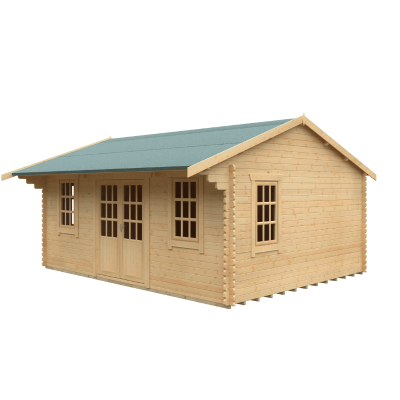 Wooden cabin with a green roof on a white background