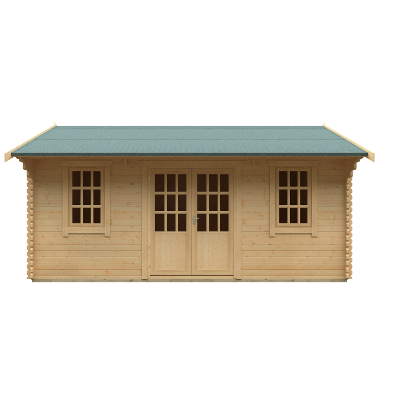 Wooden cabin with a green roof on a white background