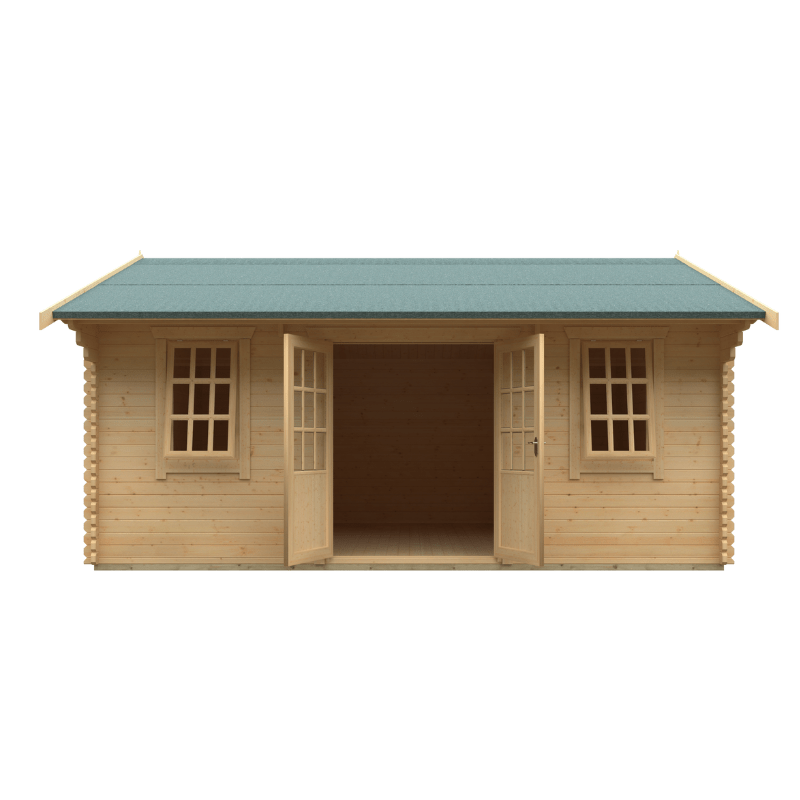 Wooden cabin with a green roof on a white background