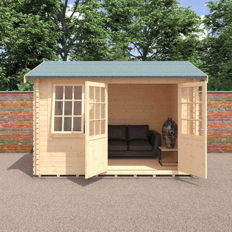Wooden shed with open doors, showing interior with a sofa and decorative items, surrounded by trees and a brick wall.