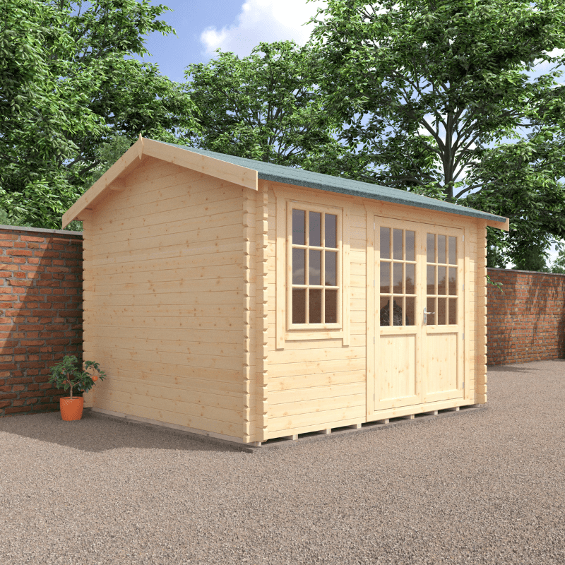 Wooden shed with a green roof in a garden setting