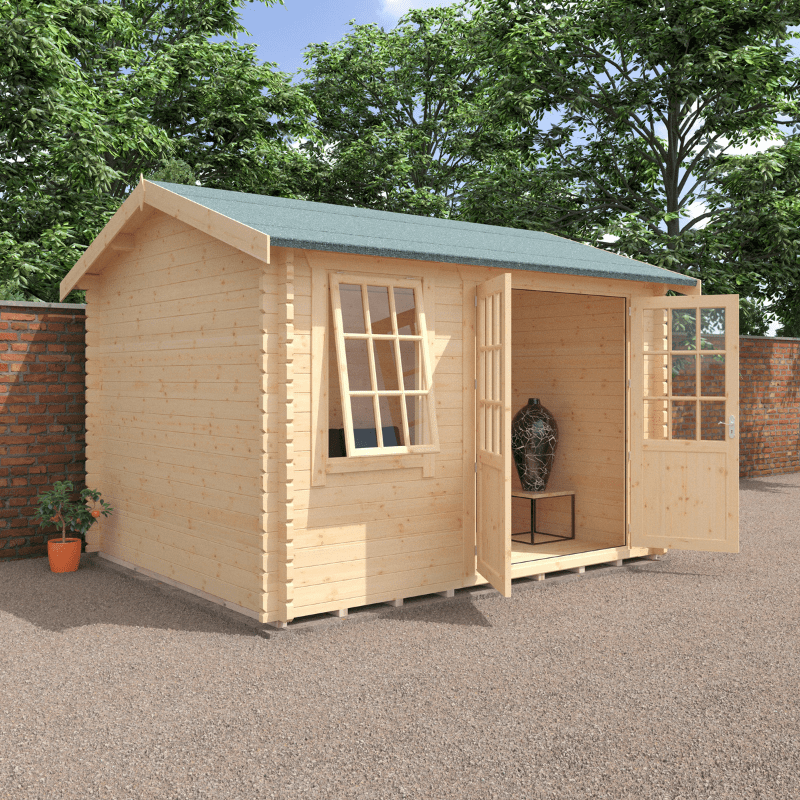 Wooden shed with open doors in a garden setting