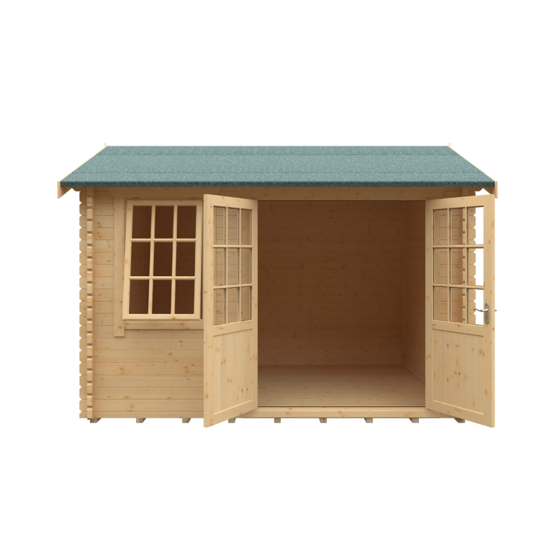 Wooden shed with open doors on a white background