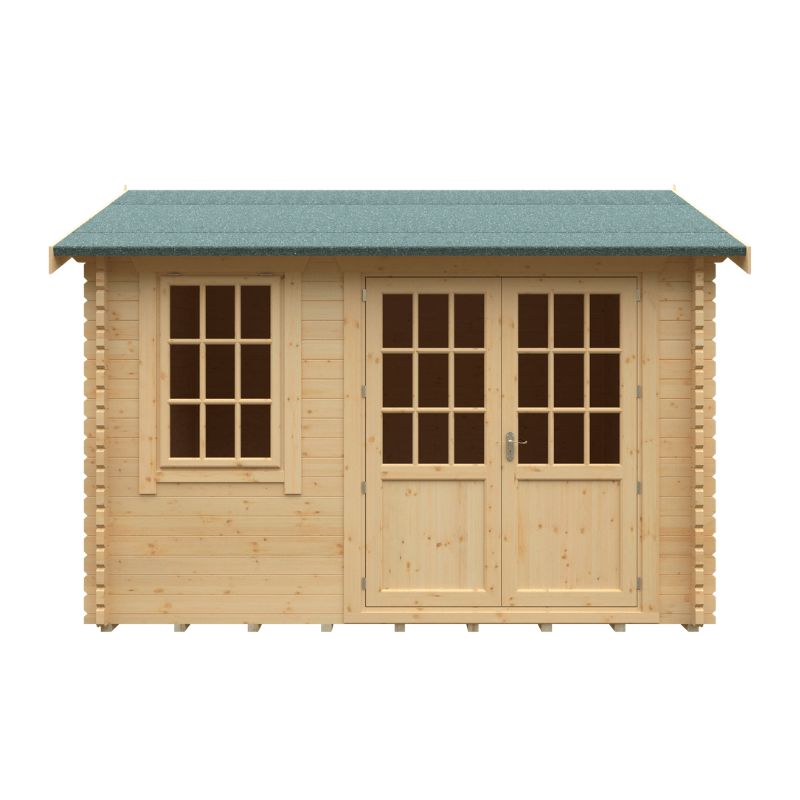 Wooden cabin with a green roof on a white background