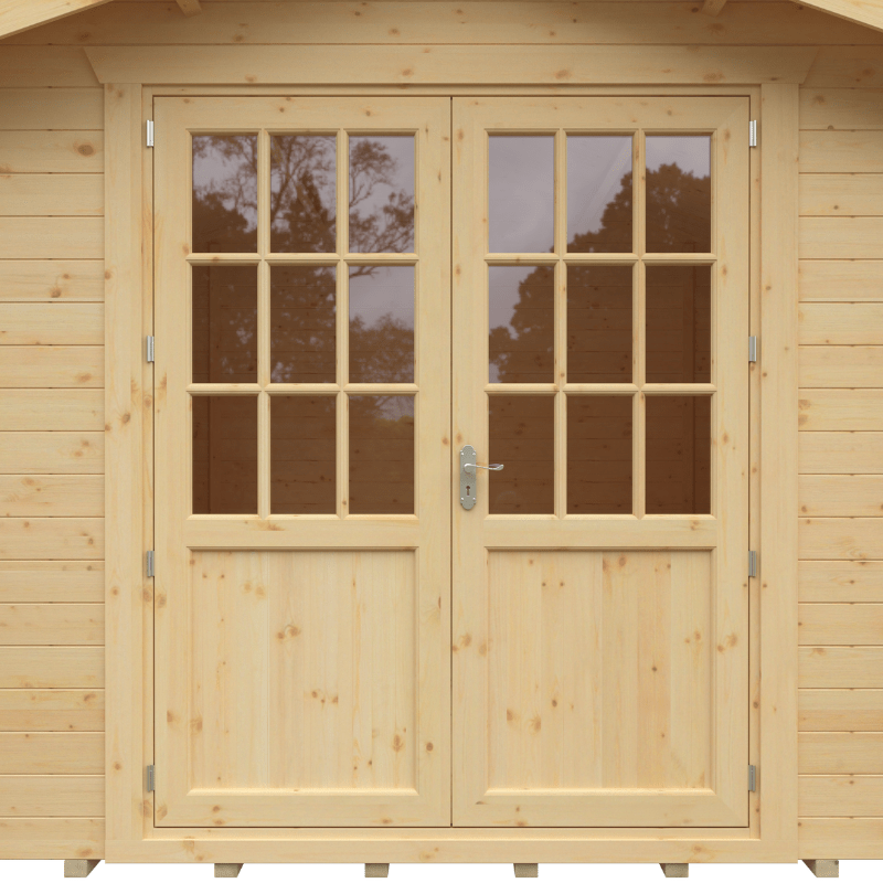 Wooden shed with double doors featuring glass panels