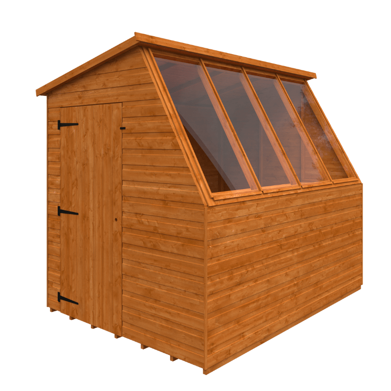 Wooden potting shed with glass panels on a white background