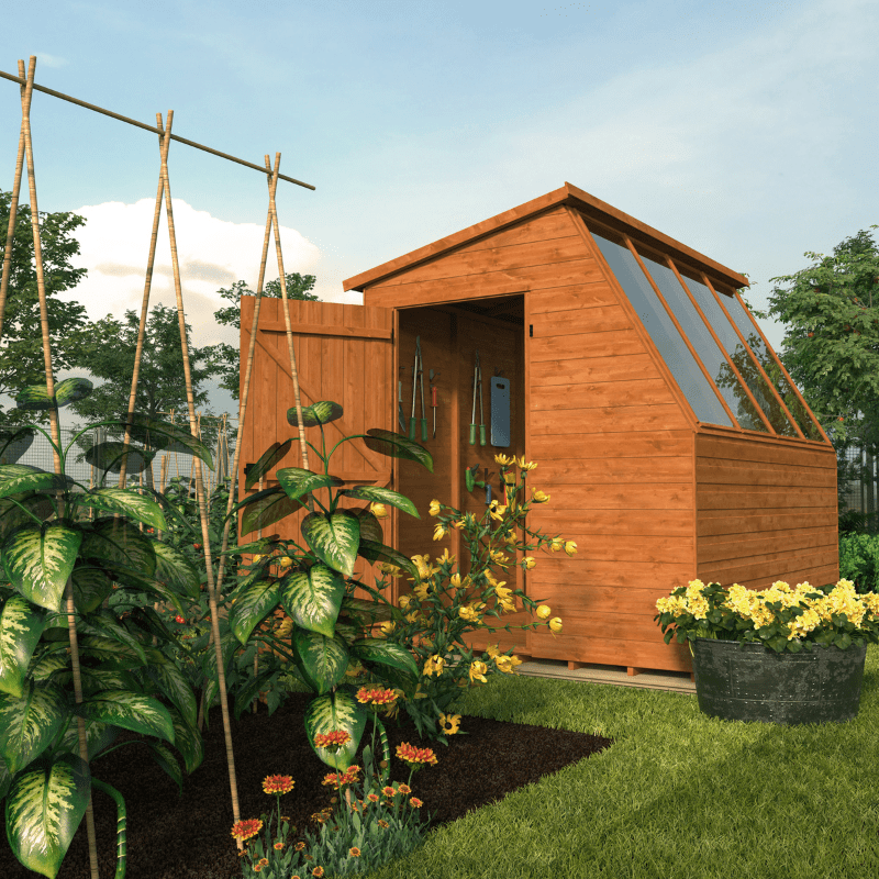 Wooden shed with garden plants and flowers in a backyard setting