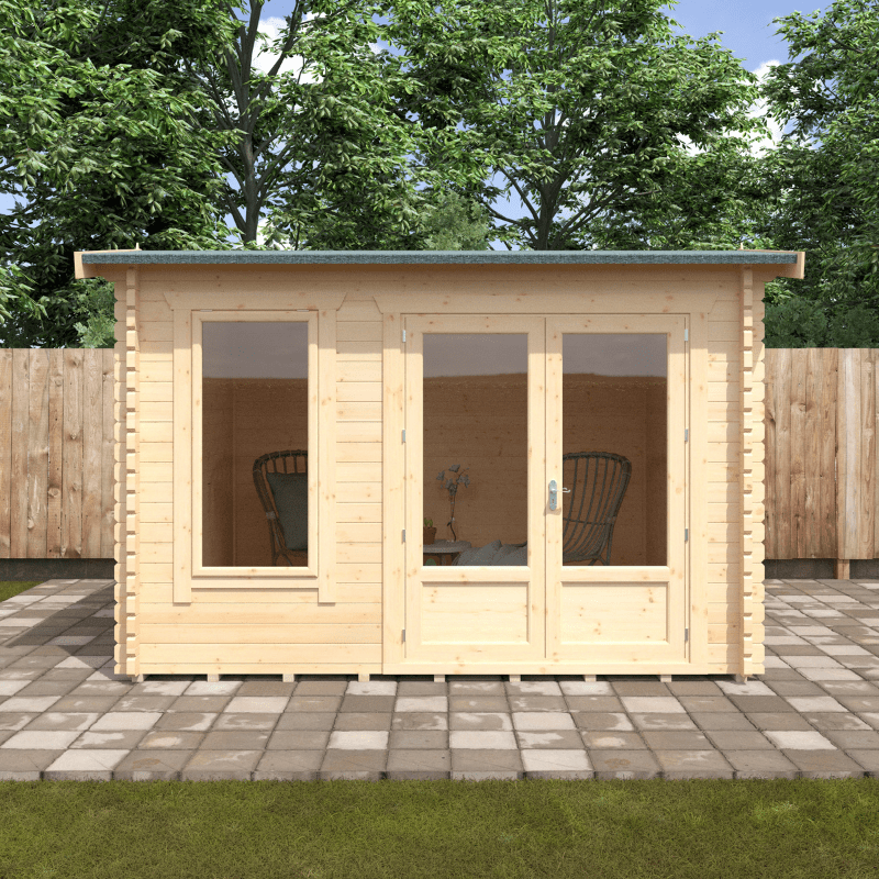 Wooden garden shed with glass doors and windows, surrounded by trees and a wooden fence.