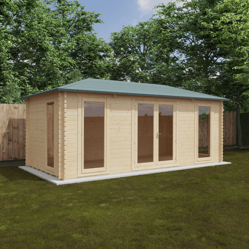 Wooden garden shed with a green roof on a grassy area with trees in the background