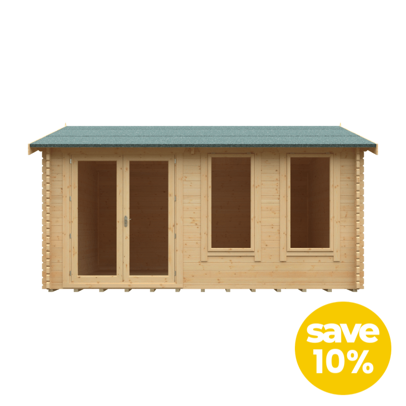 Wooden cabin with a green roof on a white background, featuring a 'save 10%' label.