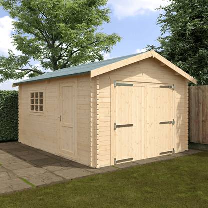 Wooden shed with a green roof in a garden setting
