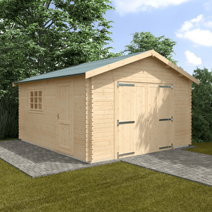 Wooden garage with double doors on a grassy area with trees in the background