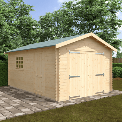 Wooden shed with a green roof on a paved area with trees in the background