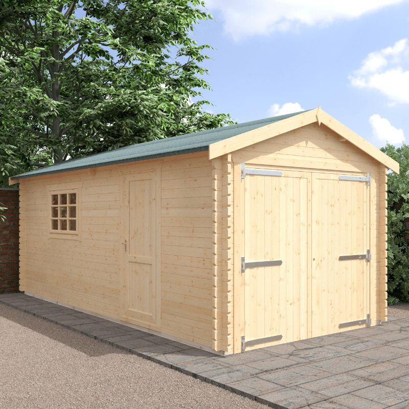 Wooden shed with a green roof in a garden setting