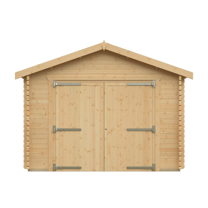 Wooden shed with double doors on a white background