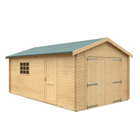 Wooden shed with a green roof on a white background