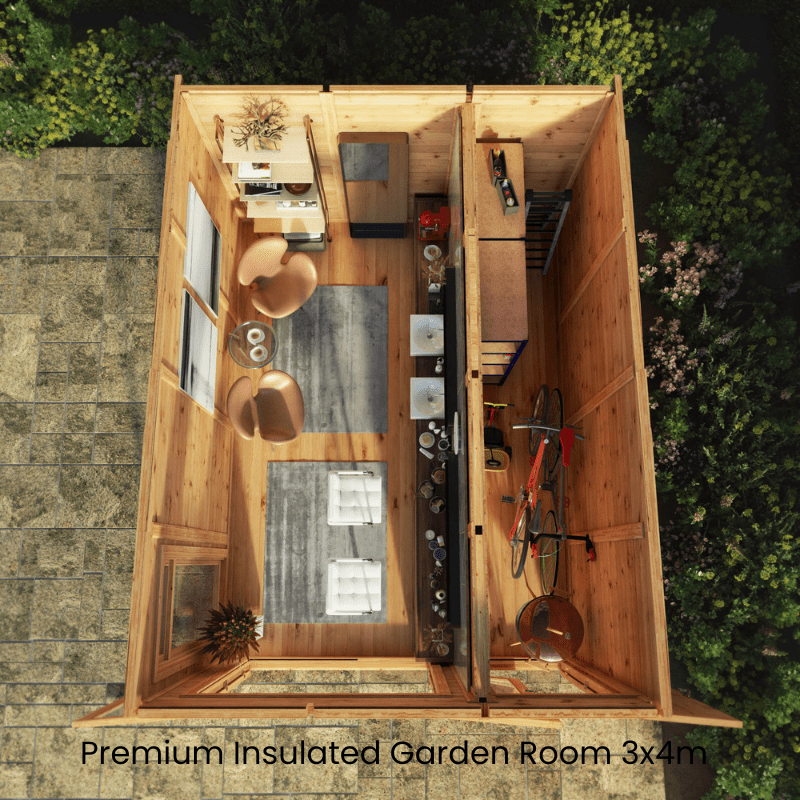 3x4 Mercia Premium Insulated Garden Room with Side Shed – Double Glazed Home Office