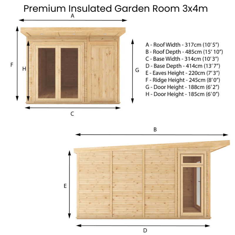 3x4 Mercia Premium Insulated Garden Room with Side Shed – Double Glazed Home Office