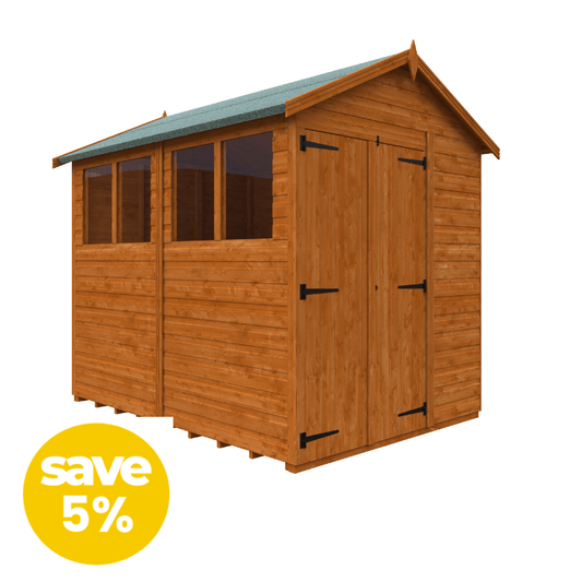 Wooden shed with a green roof on a white background, featuring a 'save 5%' label.