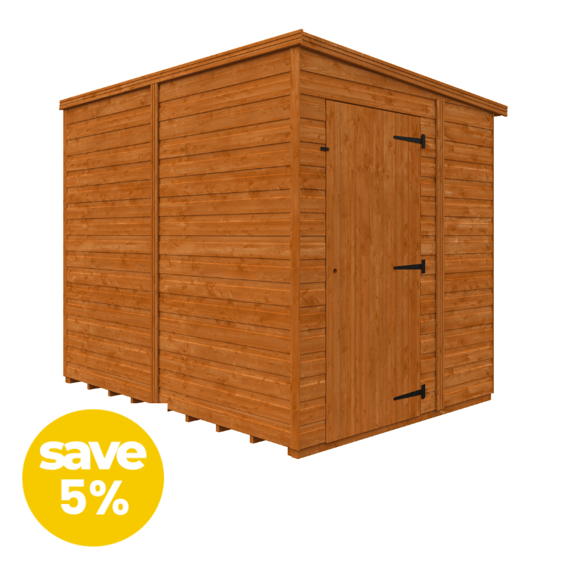 Wooden shed with a 'save 5%' label on a white background