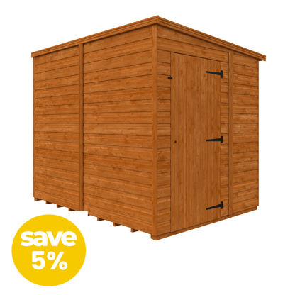 Wooden shed with a 'save 5%' label on a white background