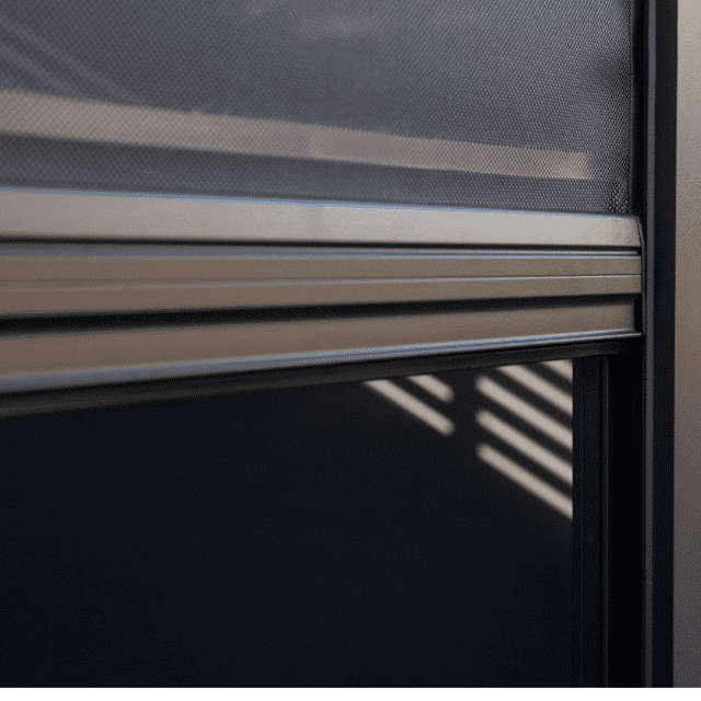 Maranza Manual Deluxe Louvered Pergola 3.5m x 3.6m with 4 Retractable Privacy Screens – Matte Grey Outdoor Shelter3