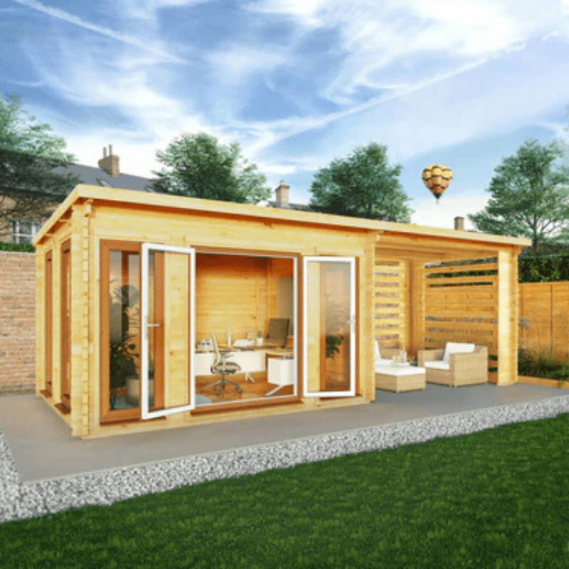 Wooden garden office with glass doors in a backyard setting